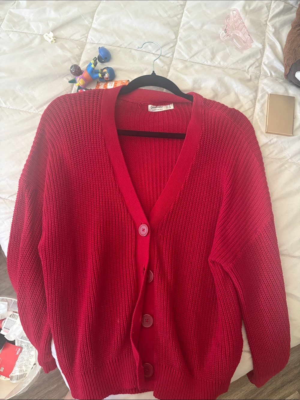 stradivarius Red Chunky V‑Neck Button Cardigan